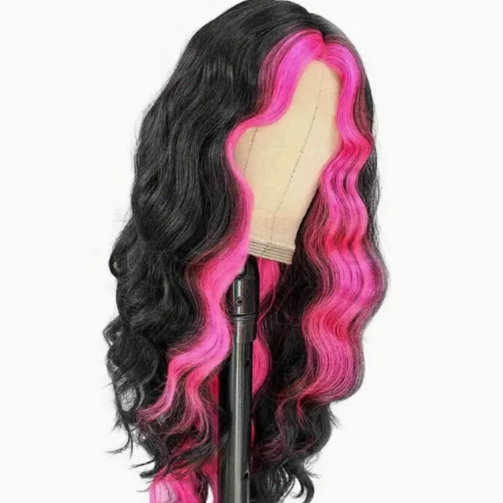 Highlight Green Skunk Stripe Wigs Loose Wave Synthetic Lace Front Wigs